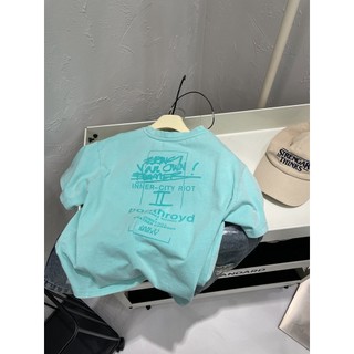 Mùa Hè Trẻ Em Cotton Nguyên Chất Áo Thun Ngắn Tay Bé Trai Đẹp Trai Bạc Hà Xanh Phiên Bản Hàn Quốc Chữ Đơn Giản Cổ Tròn Top