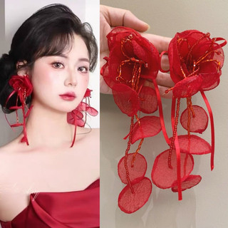 Bông tai hoa pha lê lụa màu đỏ thủ công không lỗ tai, kẹp tai