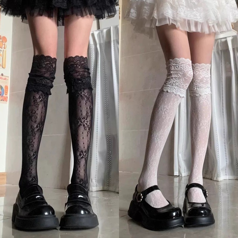 [GuuDuu] Tất dài ren hoa trên đầu gối - dành cho nữ Váy mùa xuân hè - Vớ cao đùi lưới cá - Thoáng khí, chống móc, đàn hồi - Phong cách Nhật Bản, JK, Vintage