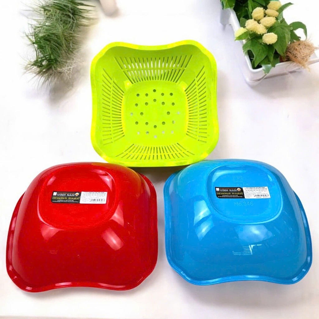 Bộ Thau Rổ Nhựa Cao Cấp Vinh Nam Plastic Hình Vuông Hình Hoa Mai An Toàn Tiện Lợi Nhiều Màu 346-347