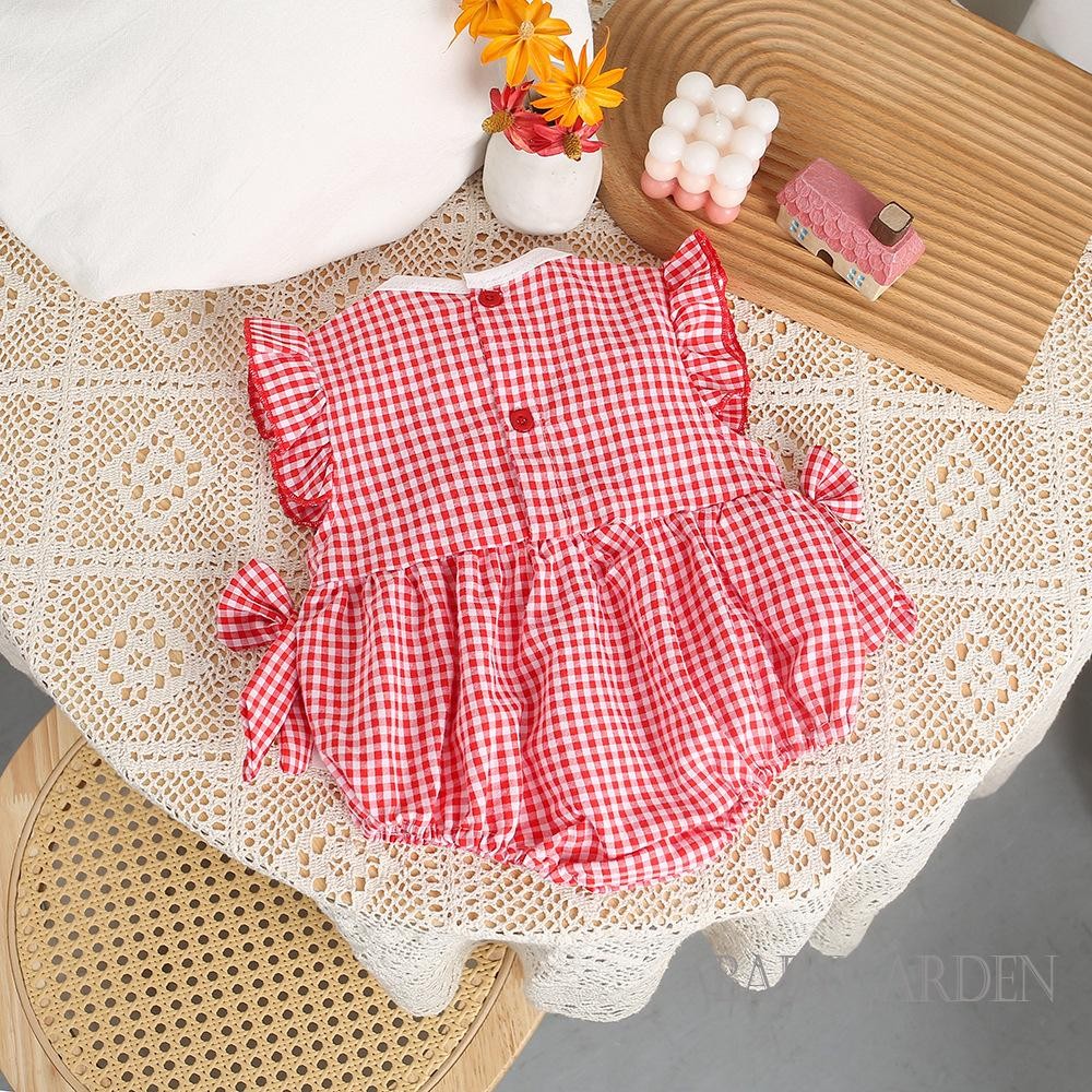 / / -Bộ Áo liền quần kẻ sọc ren chắp vá họa tiết anh đào cho bé gái sơ sinh