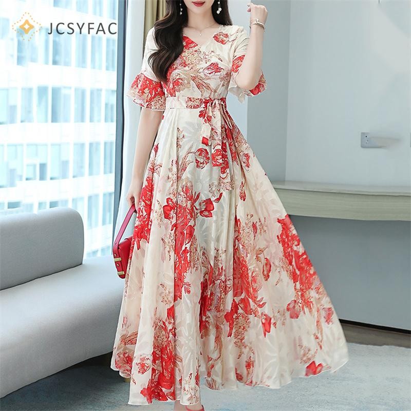Jcsyfac 2022 Thanh Lịch Nữ Plus Kích Thước Boho Đi Biển Đầm Maxi Hoa Voan Midi Sundress Mới
