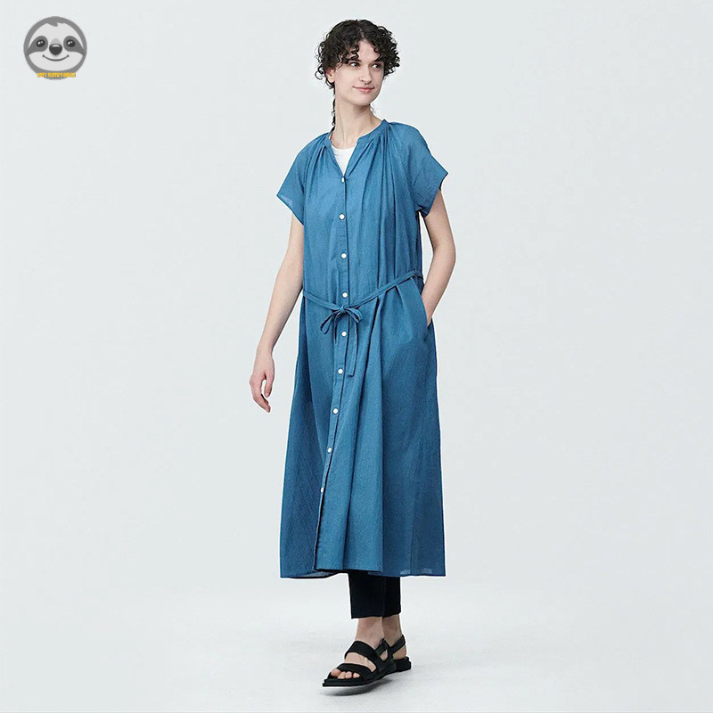 Phong cách Nhật Bản Muji - Váy ngắn tay cotton màu trơn có dây rút - Áo sơ mi dài văn học dáng rộng mỏng hơn