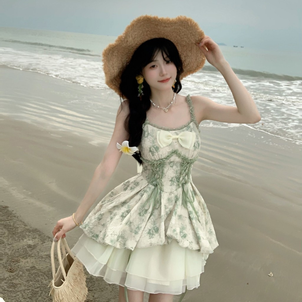 [YU]Set váy hai dây công chúa phối áo khoác mỏng, phong cách yêu tinh rừng, dịu dàng bay bổng.