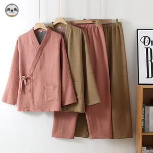 Đồ ngủ cặp đôi phong cách Nhật Bản muji, sợi nhuộm cotton nguyên chất, có thể mặc ngoài như kimono