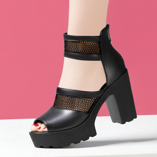 Giày Sandal Cao Gót Đế Đúc Nhẹ 2 Quai Da Mềm Phối Lưới Phong Cách Hiện Đại Cá Tính -MS CG502