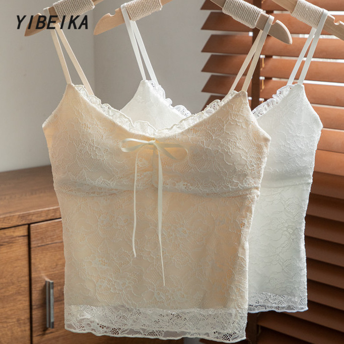 YIBEIKA Dây buộc ren trắng dành cho nữ có đệm ngực có thể mặc áo ngoài