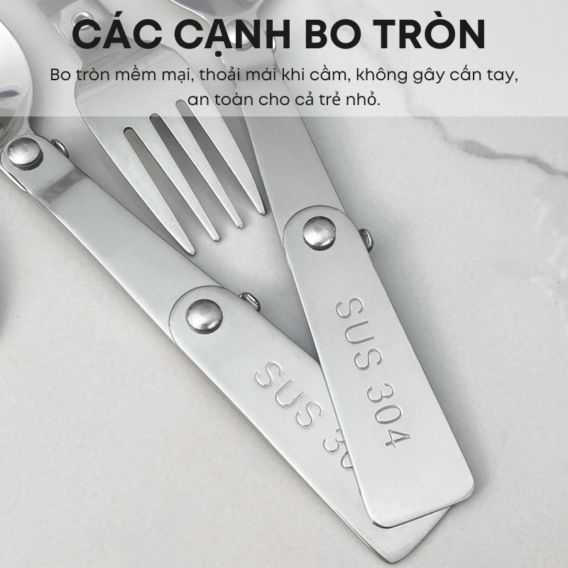 Bộ Thìa Nĩa Gấp Ba Inox 304 Không Gỉ Cao Cấp – Gấp Gọn, Cầm Êm, Mang Đi Dã Ngoại, Camping, Đi Học Đi Làm Tiện Lợi| 305