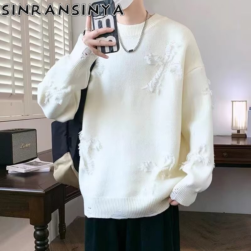 Áo len nam SINRANSINYA American retro đường phố màu trơn đa năng rách ...