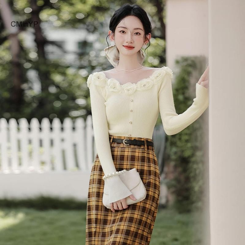 Cminyp Pháp Retro Nhẹ Nhàng Ba Chiều Hoa Ngoài Vai Dài Tay Mỏng Dệt Kim Áo Len Nữ Vinh Quang