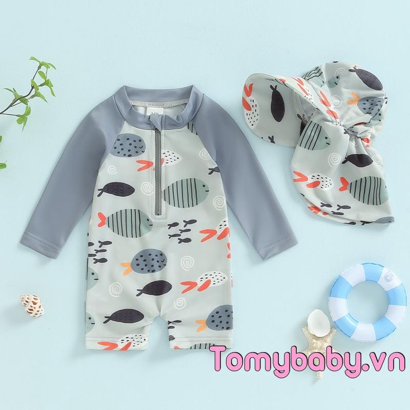 Bộ đồ bơi bé trai tập đi Họa tiết cá mập có khóa kéo dài tay Bộ đồ tắm cổ tròn có mũ