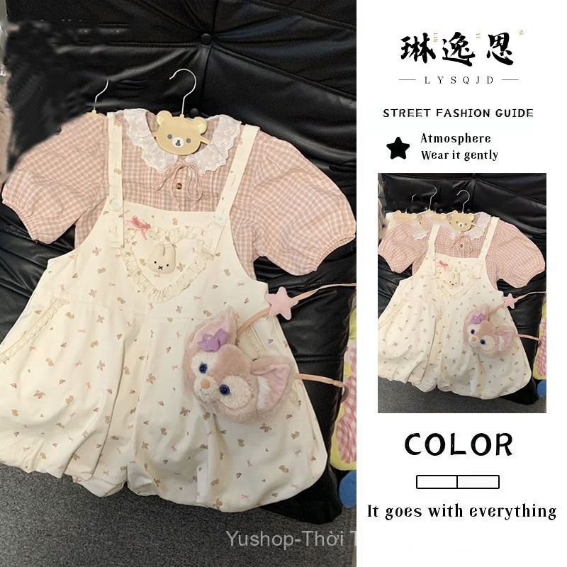[YU]Set đồ dễ thương phong cách Nhật, quần hoa dây đeo mix áo kẻ, vẻ trẻ trung, ngọt ngào.