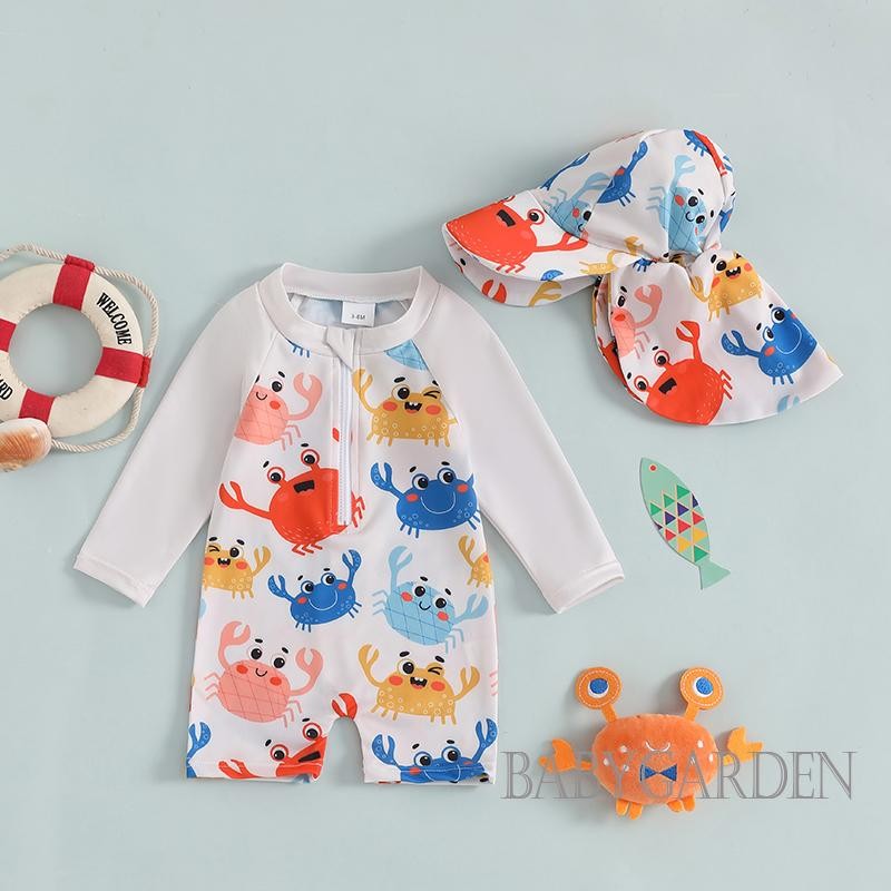 / / -3Month-3years Bé Trai Bé Gái Rash Guard Đồ Bơi Có Mũ Họa Tiết Vỏ Cá Ngựa Kéo Dài Tay Cổ Thủy Thủ Đoàn Đồ Bơi