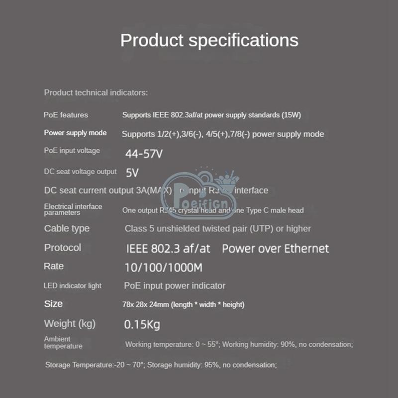 Bộ chia Gigabit POE 5V3A 1000Mbps Type-C Power over Ethernet cho CISCO cho HUAWEI cho Camera IP cho Raspberry Pi 4 Bền Dễ sử dụng