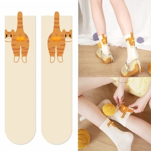 Treeling Mềm Lược Cotton Phi Hành Đoàn Tất Hoạt Hình Mèo Họa Tiết 3D Mờ Bóng Ẩm Vải Nhám Giữa Bê Tất Cho