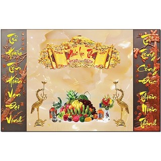 Tranh trang trí phòng thờ độc đáo, tranh liễng thờ, câu đối, mâm ngũ quả, tranh phật dán phía sau bàn thờ
