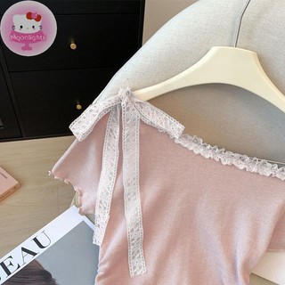 Moonlights Thời Trang Slim Off-Shoulder Ren Ngắn Tay Áo Thun Nữ Mùa Hè EN