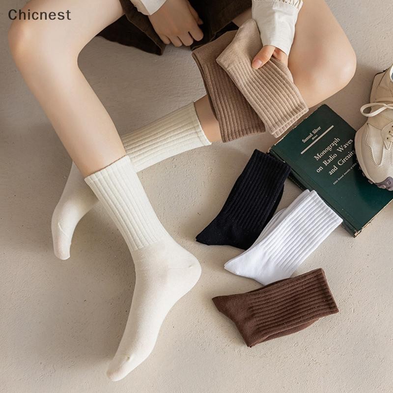 [Chc] Tất Nữ Đen Trắng Mùa Thu Đông Giữa Ống Tất Hàn Quốc Nhật Bản Ins Xu Hướng Cà Phê Cotton Retro Thiết Kế Tất Dành Cho Học Sinh [VN]
