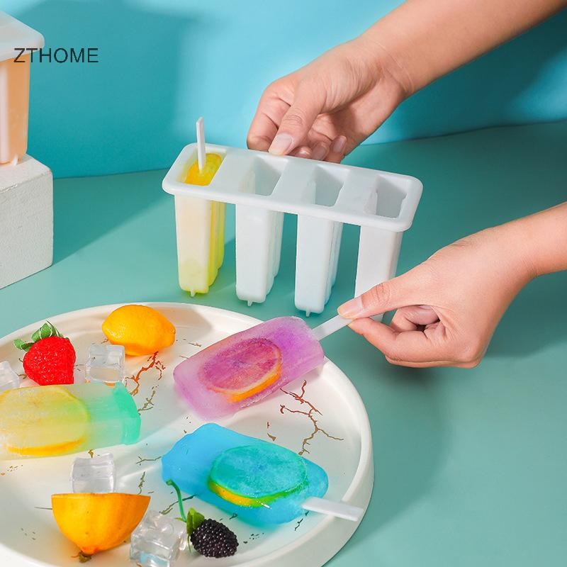 Zthome 4 Cell Kem Popsicle Khuôn DIY Tự Chế Làm Kem Trẻ Em Mùa Hè Kẹo Khuôn Khay Đá Nóng Dụng Cụ Nhà Bếp