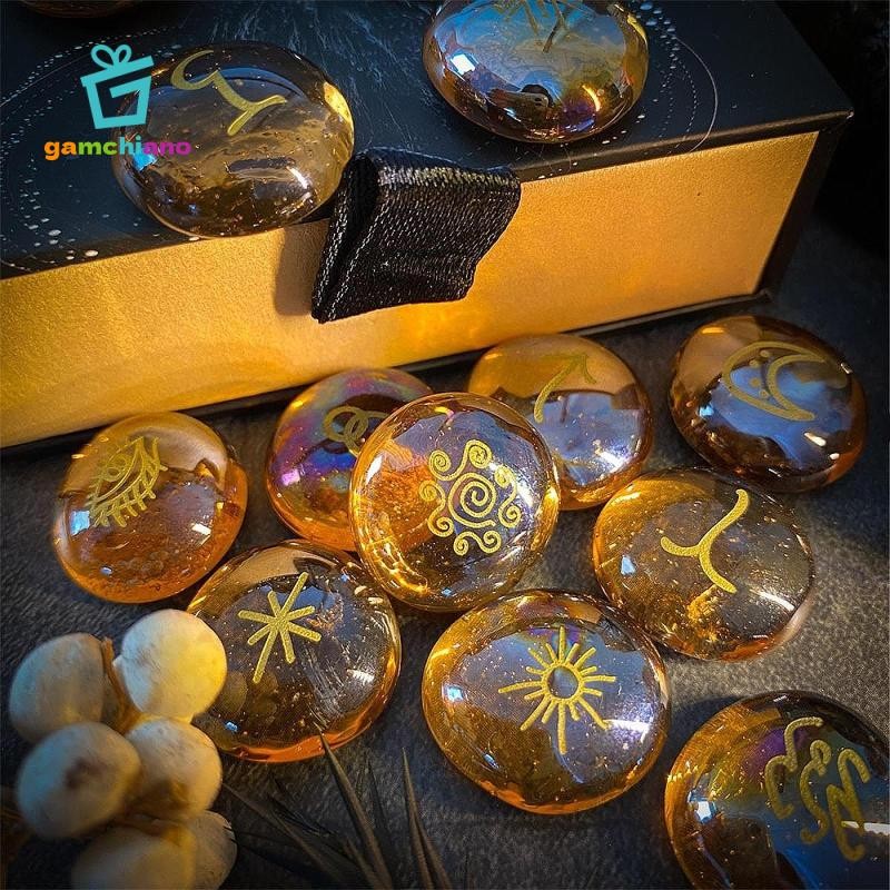13x Runes Stones Set Phù Thủy Biểu Tượng Đá Dây Rút Túi Phù Thủy Có Hộp ...