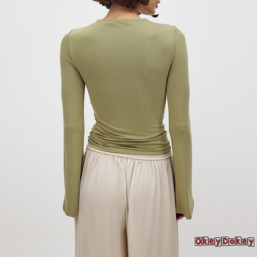 Okdk-áo thun mỏng mùa hè dành cho nữ màu trơn Twist Cutout Áo thun dài tay phía trước