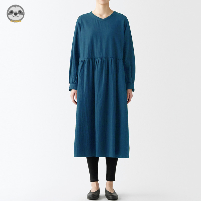 Phong cách Nhật Bản Muji Style - Váy chui đầu cotton dài tay dáng rộng