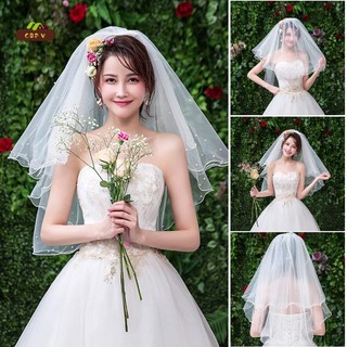 Khăn che mặt cô dâu ngắn 2 tầng đính hạt, có lược kim loại - phù hợp đám cưới và tiệc cưới độc thân