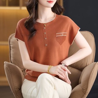 Cổ Tròn Vai Trước Tay Ngắn Người Nhỏ 2025 Phong Cách Mới Mùa Hè Mỏng Ngắn Eo Eo Top Nữ Cao Cấp Bộ Áo Thun