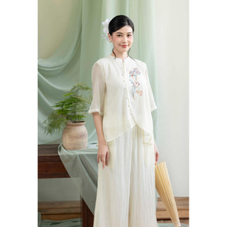 SWANLAKE | Set Bộ Dài Cổ Trụ Tay Lỡ Chất Liệu Xốp Hàn Thêu Hoa Pháp Phục Trung Niên Tặng Mẹ - B12119