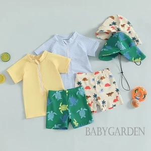 / / -3 Tuổi Bé Trai Rash Guard Bộ Đồ Bơi 3 Mảnh Áo Tay Ngắn Áo Rùa In Quần Bơi Mũ Bơi Bộ Đồ Tắm