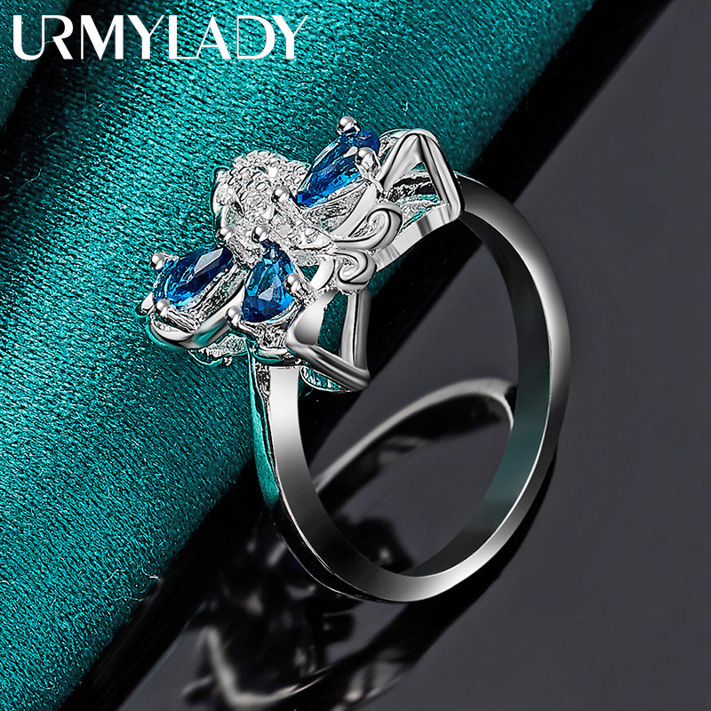URMYLADY Bạc 925 Bướm Xanh Zircon 7-10 # Nhẫn Nữ Trang Sức Quyến Rũ Thời Trang