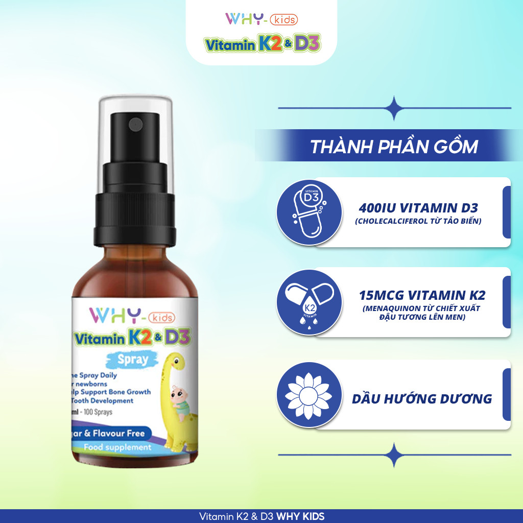 Combo 2 Vitamin D3 K2 Whykids Dạng Xịt Giúp Bé Tăng Khả Năng Hấp Thụ Canxi Tốt Cho Sức Khoẻ - Chai 15ml