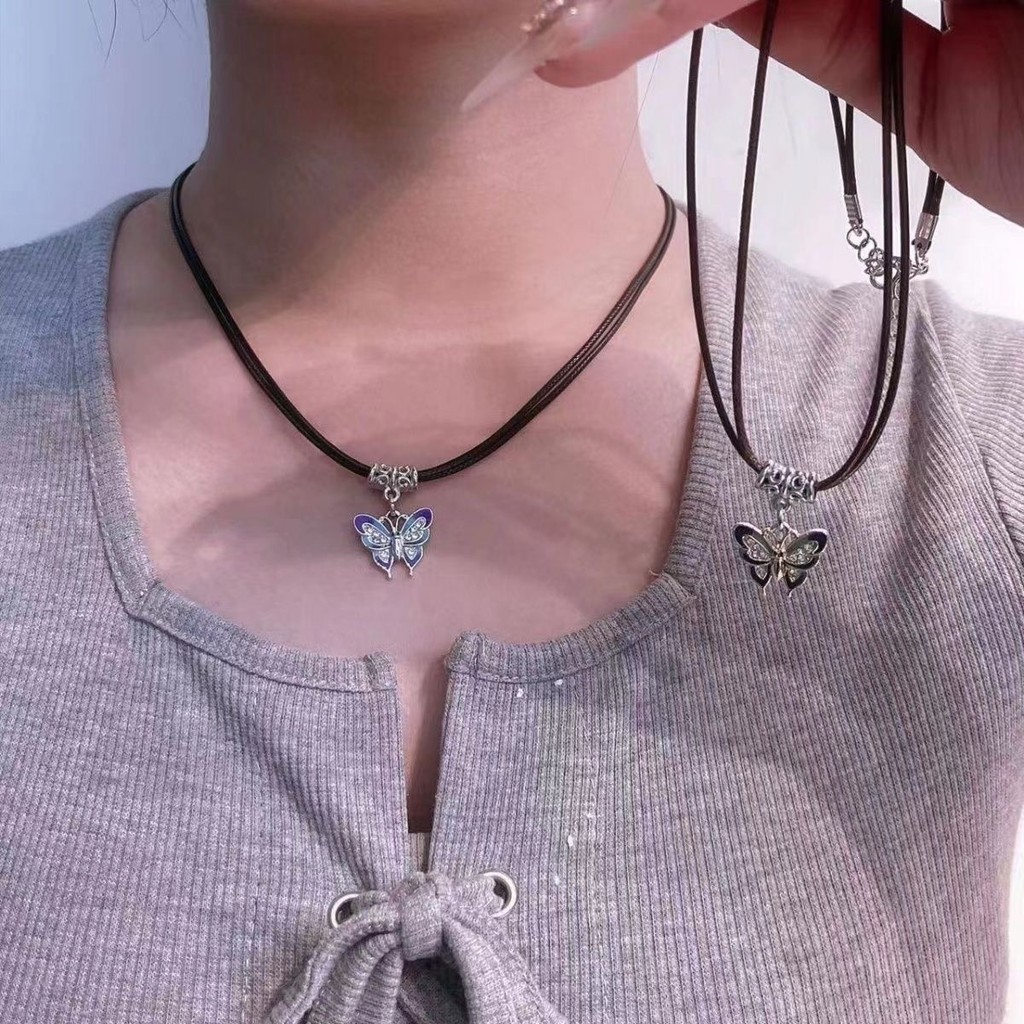 Vòng cổ mặt dây chuyền hình bướm đầy màu sắc Retro mới Vòng cổ dây da