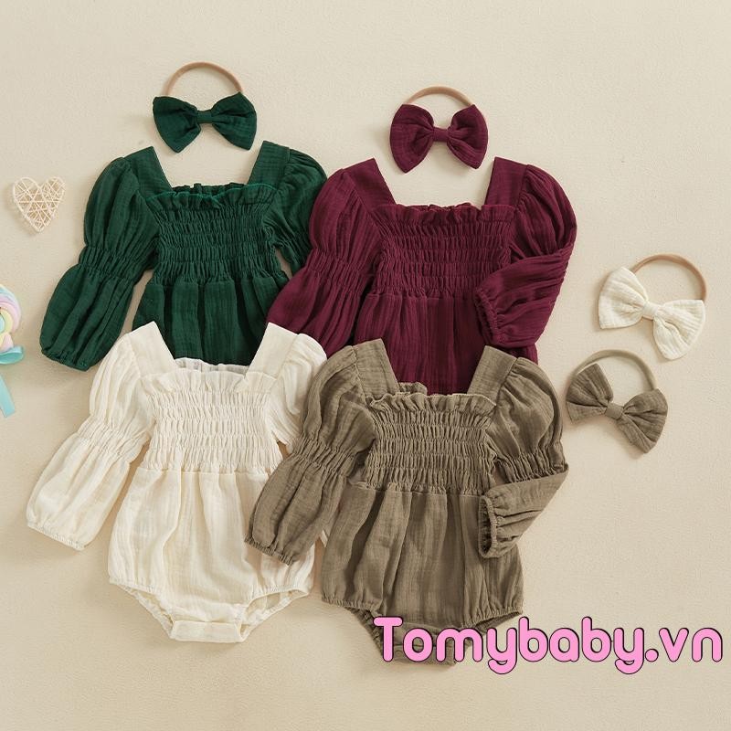 Bộ áo liền quần dài tay cổ vuông màu trơn cho bé gái + Băng đô
