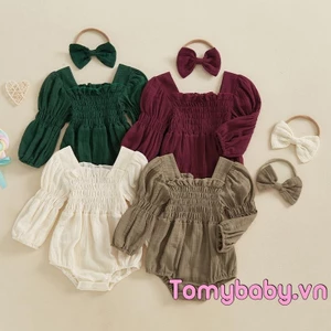 Bộ áo liền quần dài tay cổ vuông màu trơn cho bé gái + Băng đô