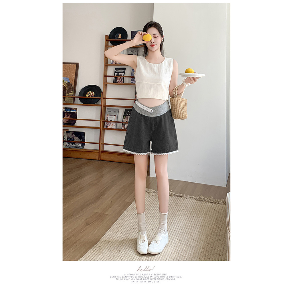 Quần bà bầu mùa hè ren Denim quần ống rộng
