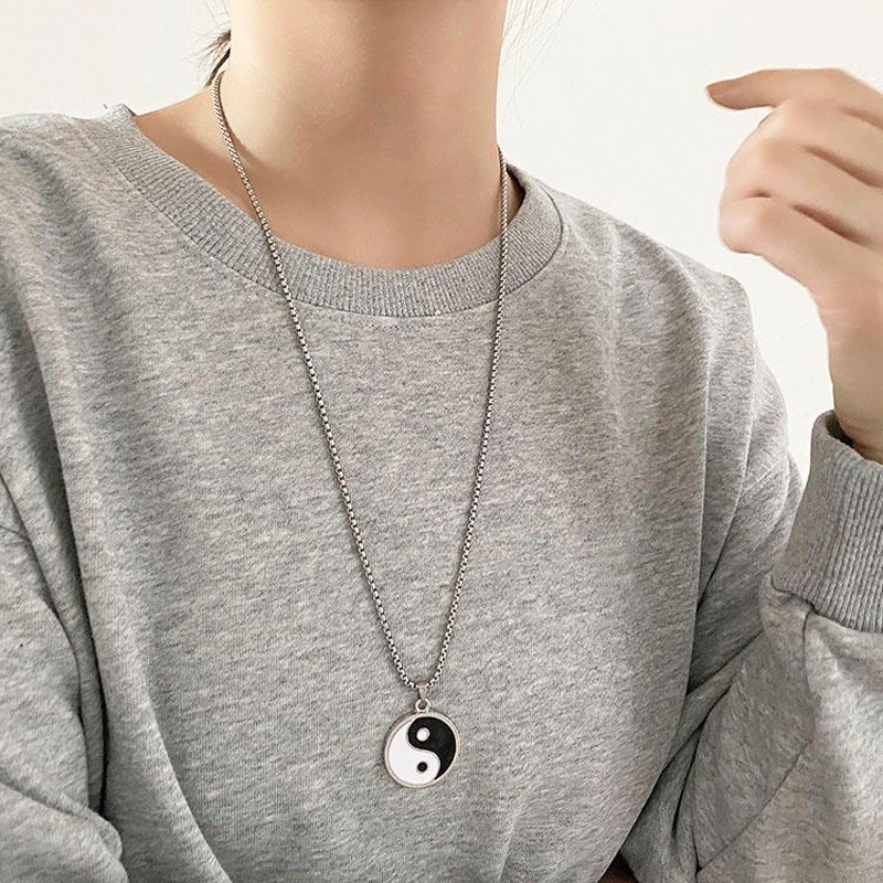 Điếc dây chuyền gothic unisex hiện đại, phong cách Trung Hoa vintage đen trắng, mặt đá hợp kim dáng thái cực
