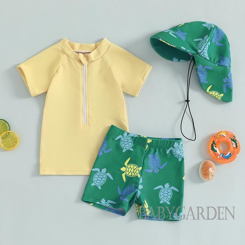 / / -3 Tuổi Bé Trai Rash Guard Bộ Đồ Bơi 3 Mảnh Áo Tay Ngắn Áo Rùa In Quần Bơi Mũ Bơi Bộ Đồ Tắm