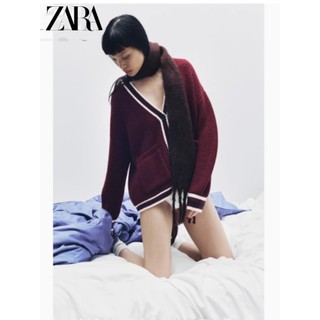 Áo Zara made in Morocco len cadigan đỏ đô viền trắng - nữ