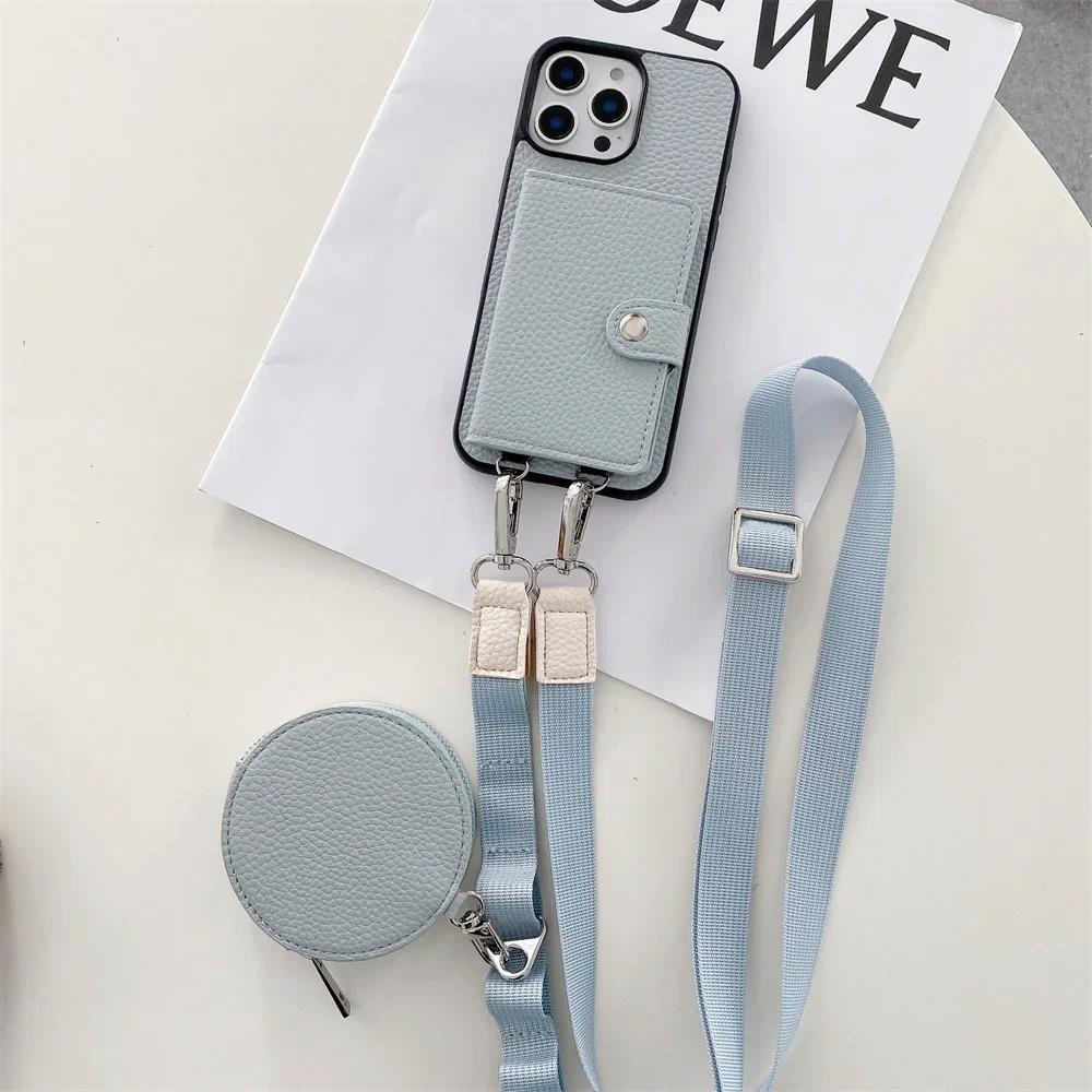 Ví Đeo Ngang Khe Cắm Thẻ Ví Đựng Tiền Xu Cho IPhone 16 15 Plus 14 13 12 11 7 8 Pro Max Da Dây Bảo Vệ Vỏ Điện Thoại