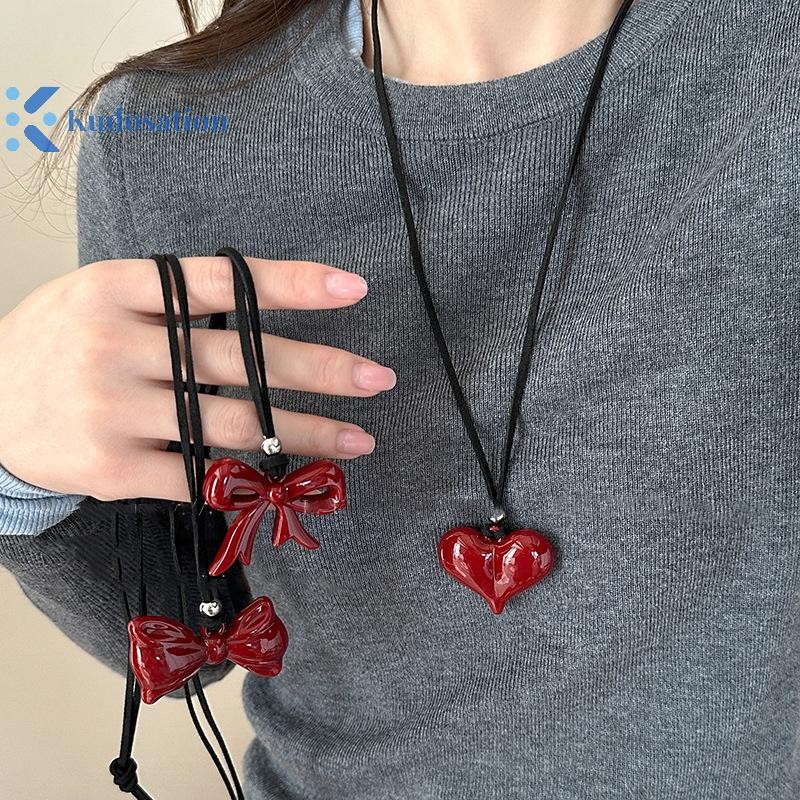 Kudosation Đơn Giản Đa Năng Trái Tim Đỏ Nơ Vòng Cổ Dành Cho Nữ Cô Gái Thời Trang Trái Tim Lớn Mặt Dây Chuyền Vòng Cổ Phụ Kiện Trang Sức Quà Tặng