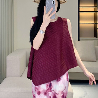 Miyake áo thun xếp ly cho nữ, thời trang sang trọng mùa hè với thiết kế đơn giản cổ tròn màu trơn