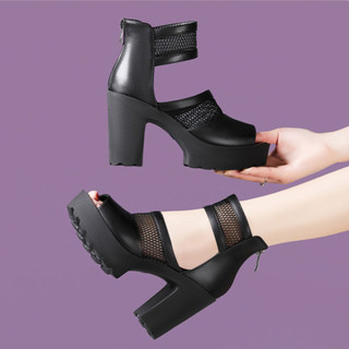 Giày Sandal Cao Gót Đế Đúc Nhẹ 2 Quai Da Mềm Phối Lưới Phong Cách Hiện Đại Cá Tính -MS CG502