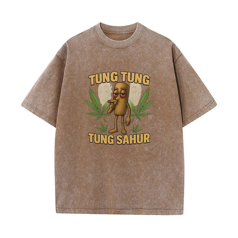 Tung Tung Tung Sahur Ngộ nghĩnh Brainrot Meme Áo Nam Hài Hước Phong Cách Mới Áo Thun Unisex Rửa Vintage Mùa Hè Áo Sơ Mi Cotton Tay Ngắn