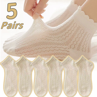 Tất ren phong cách múa ba lê cho nữ | Hỗn hợp Cotton-Polyester thoáng khí, Vớ ngắn thời trang mùa hè với thiết kế đục lỗ thanh lịch, màu trắng sữa
