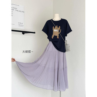 Một Cái / bộ In Hình Hoạt Hình Rời Áo Thun Nữ Tay Ngắn Giảm Tuổi + Váy Dài Xếp Ly Tím Bộ Hai Mảnh Mùa Hè Hàng Ngày Phù Hợp Với La