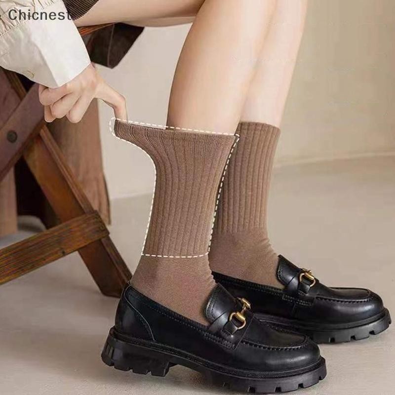[Chc] Tất Nữ Đen Trắng Mùa Thu Đông Giữa Ống Tất Hàn Quốc Nhật Bản Ins Xu Hướng Cà Phê Cotton Retro Thiết Kế Tất Dành Cho Học Sinh [VN]