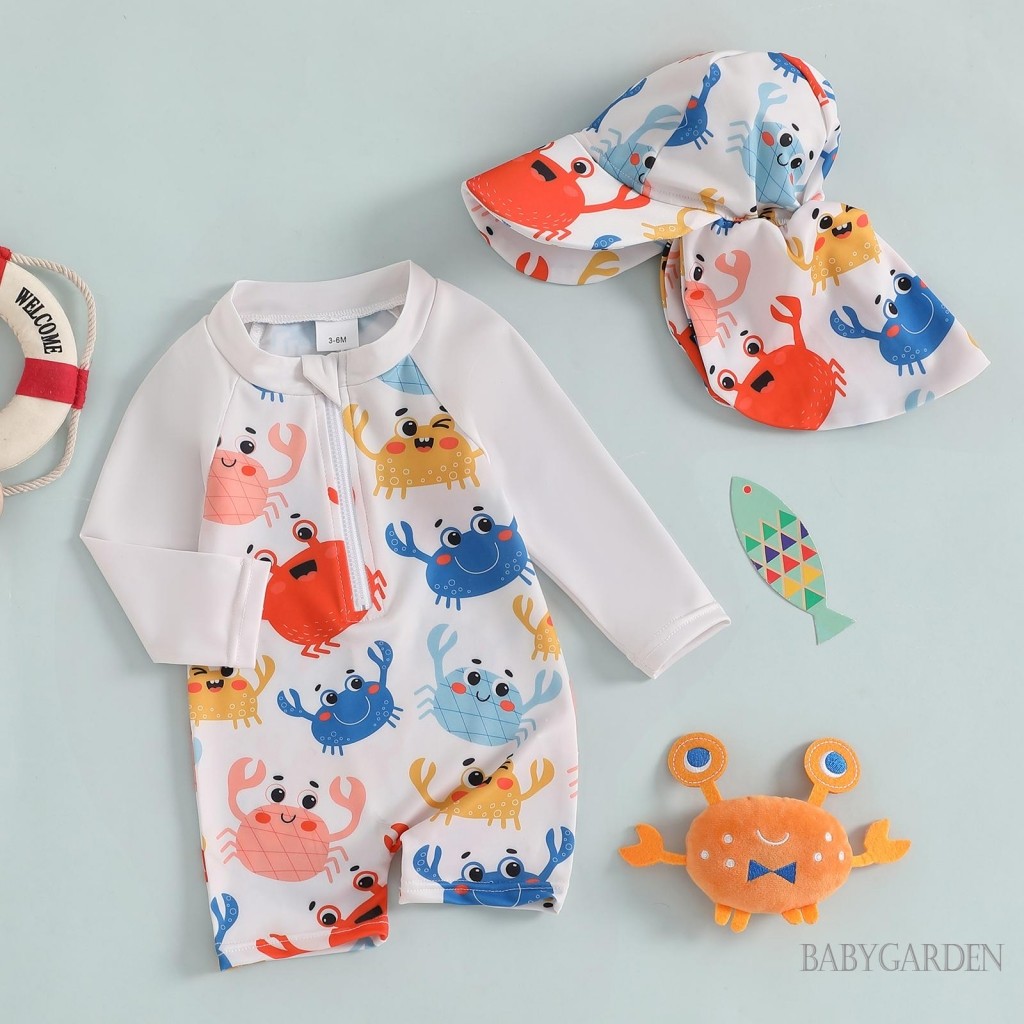 / / -3Month-3years Bé Trai Bé Gái Rash Guard Đồ Bơi Có Mũ Họa Tiết Vỏ Cá Ngựa Kéo Dài Tay Cổ Thủy Thủ Đoàn Đồ Bơi