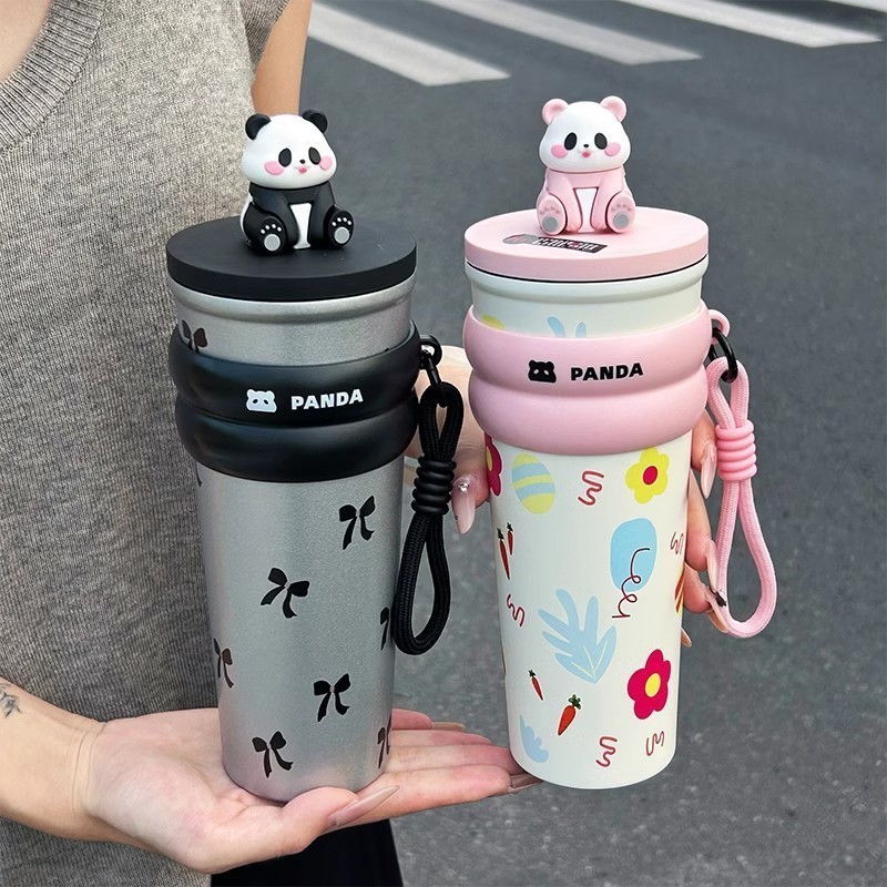 Ly giữ nhiệt Fun+ 750ml_Panda, inox 304 có ống hút, ly giữ nhiệt nóng lạnh có quai xách
