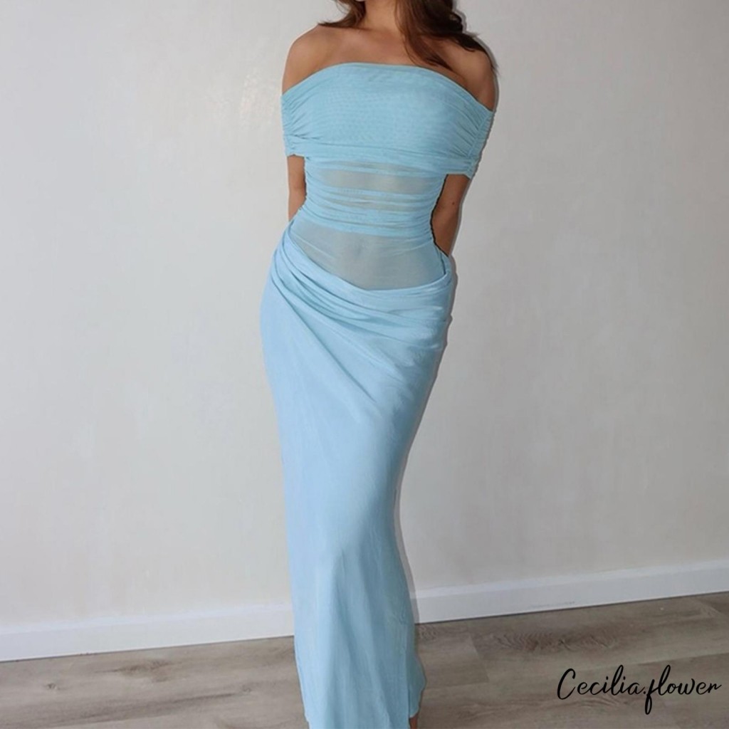 Đầm dài nữ màu trơn Thuyền cổ lệch vai Đầm Bodycon thời trang mùa hè